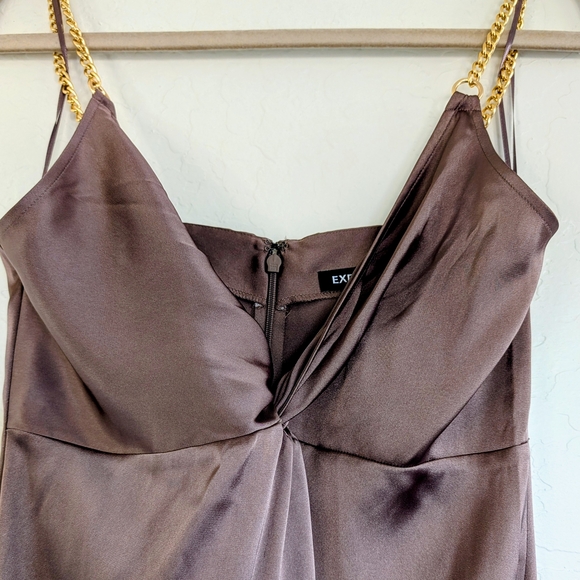 Express Satin Slip Dress in Mauve Taupe with Chain Straps Midi - Picture 5 of 12